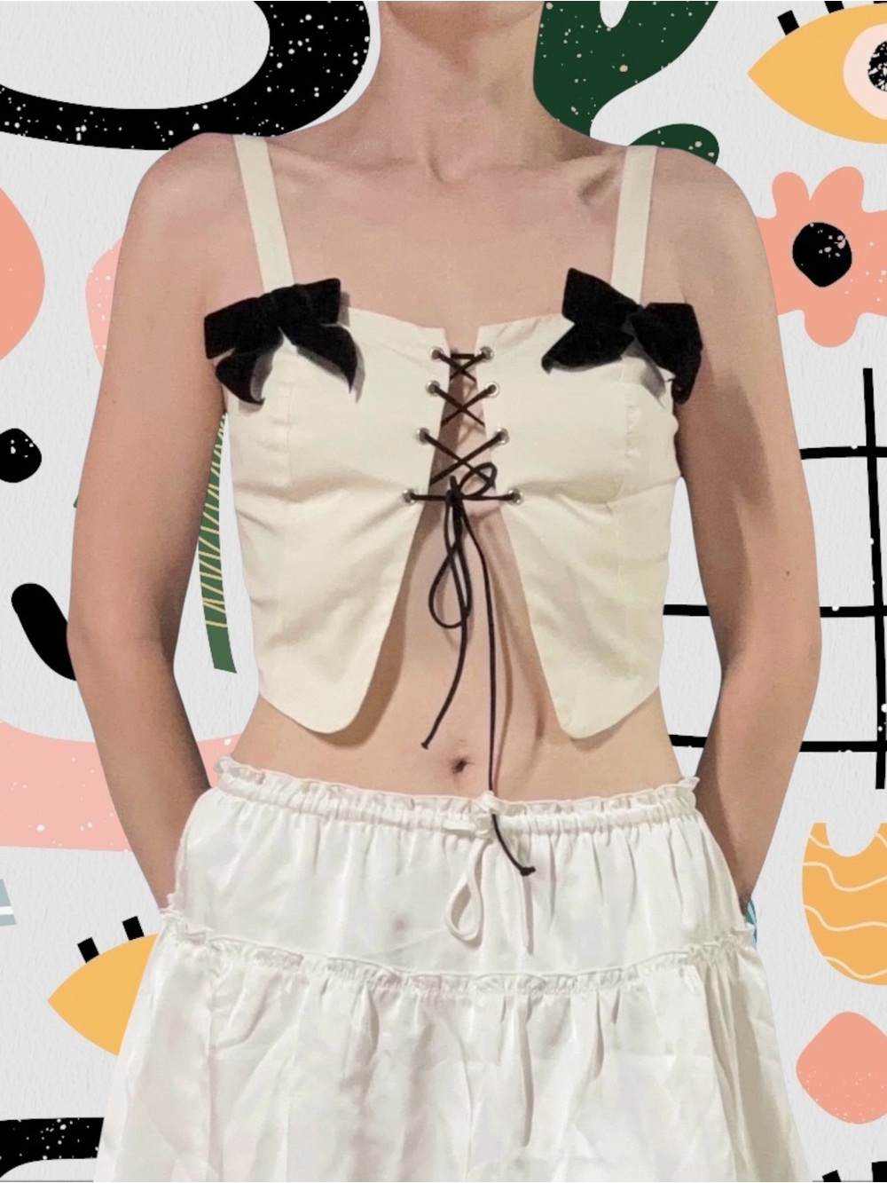 Cream Lace Up Front Velvet Bow Spaghetti Strap Crop Tank Top
